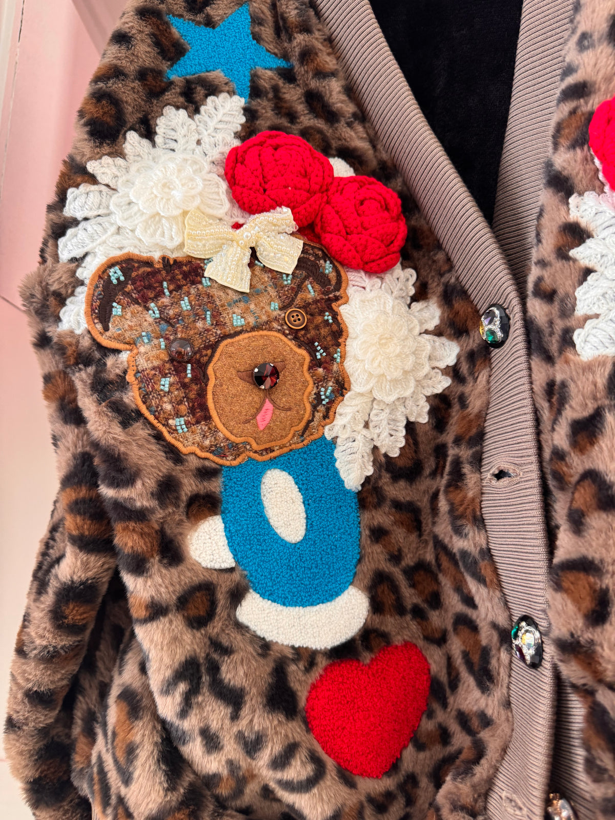 LEOPARD PRINT CARDIGAN WITH RED HEARTS