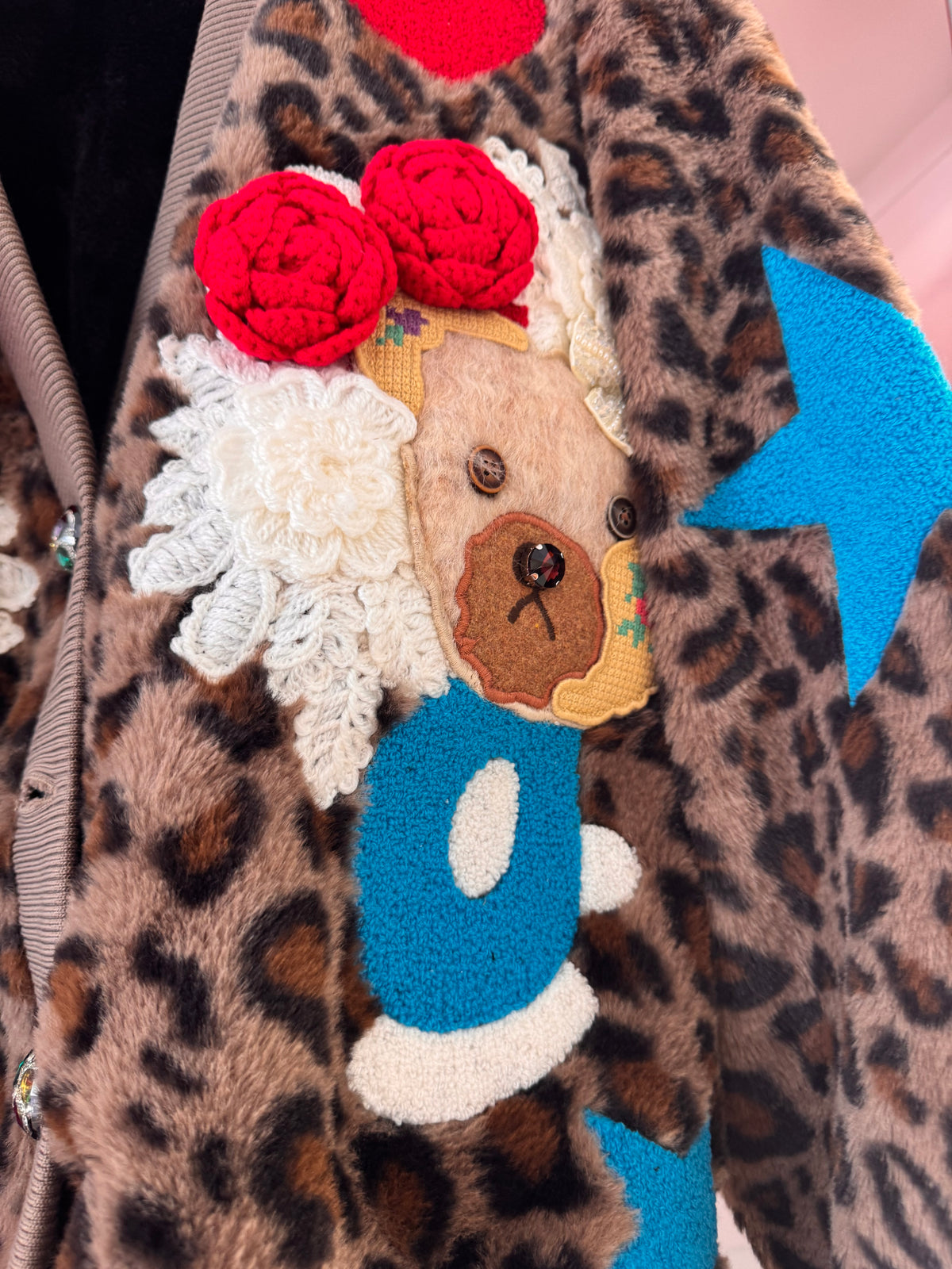 LEOPARD PRINT CARDIGAN WITH RED HEARTS