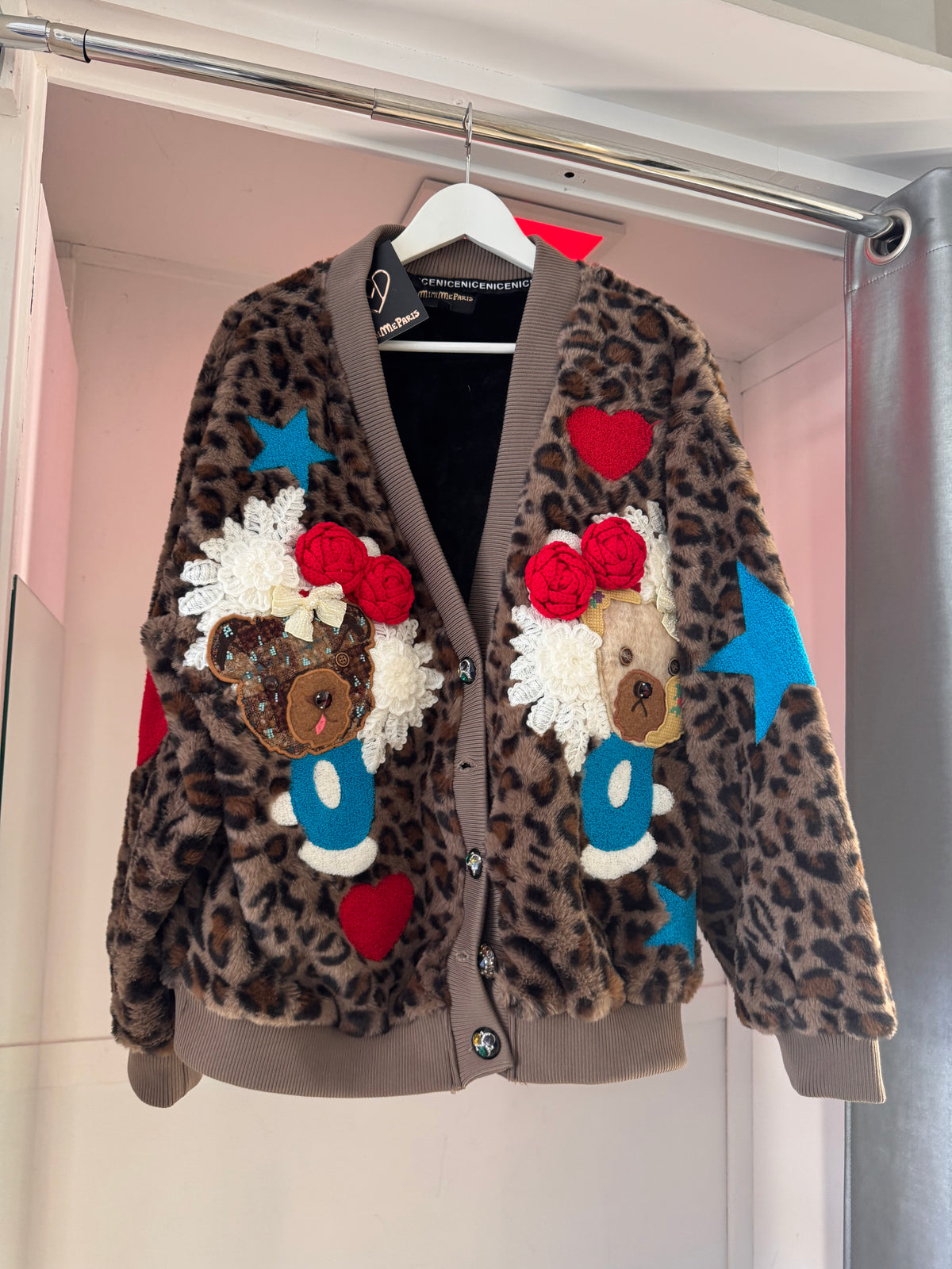 LEOPARD PRINT CARDIGAN WITH RED HEARTS
