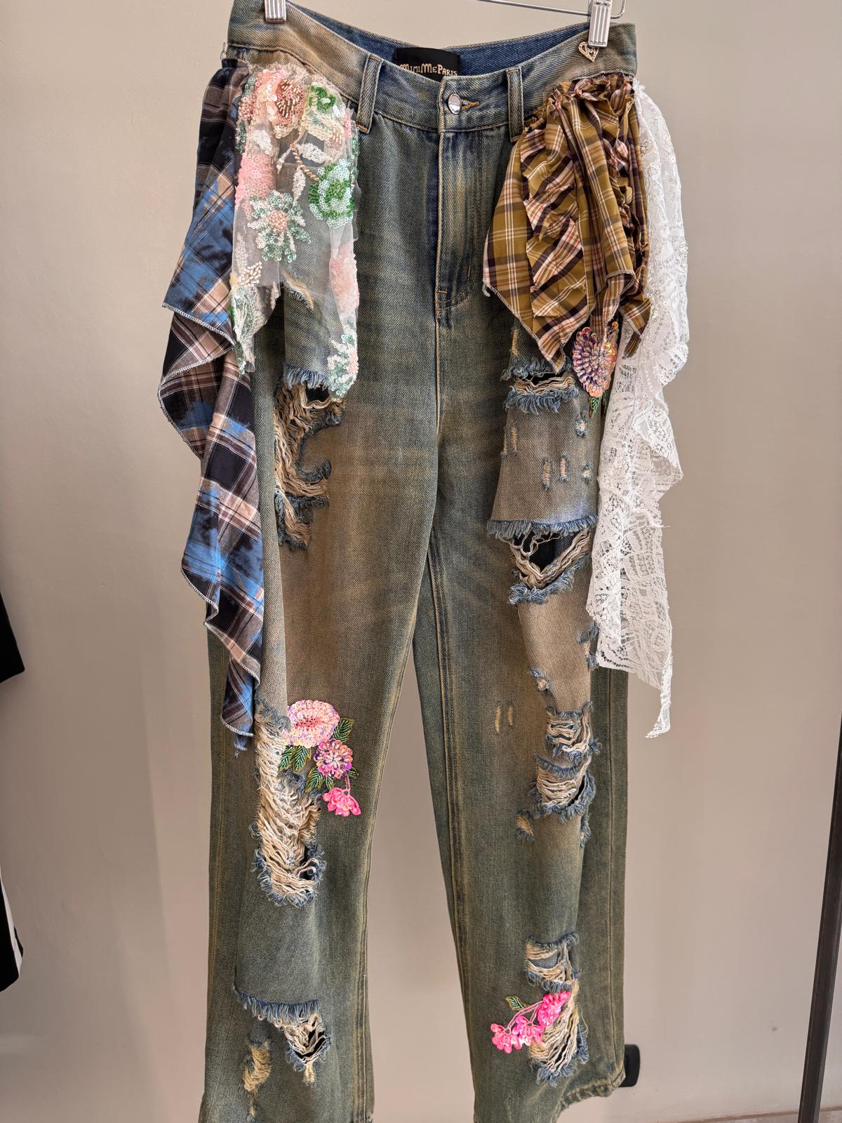 Flower Embroidered Denim Trouser