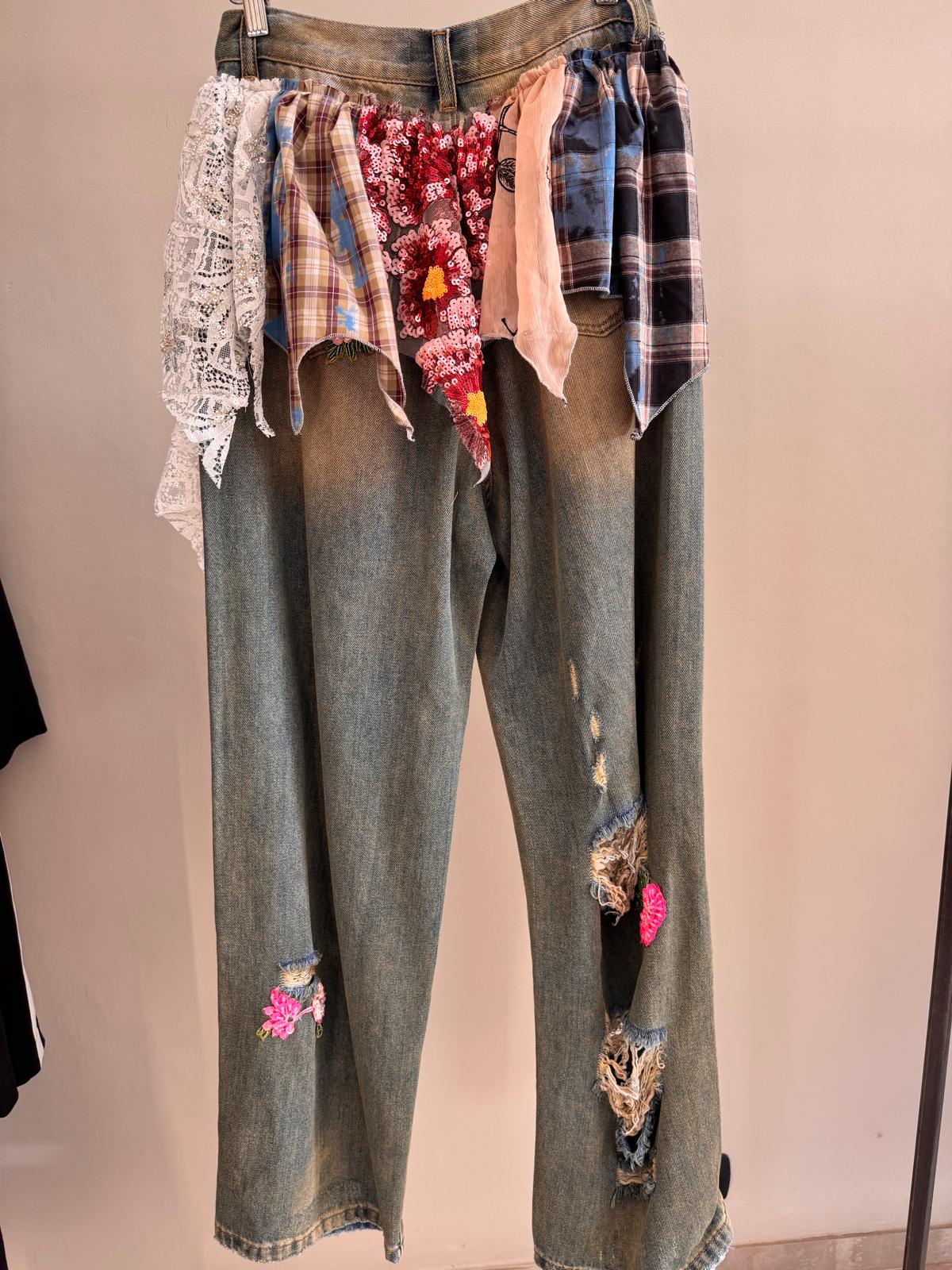 Flower Embroidered Denim Trouser
